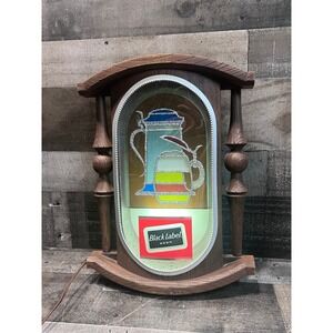 Vintage Black Label Beer Light Up Bar Sign Faux Stained Glass Wood Frame Retro